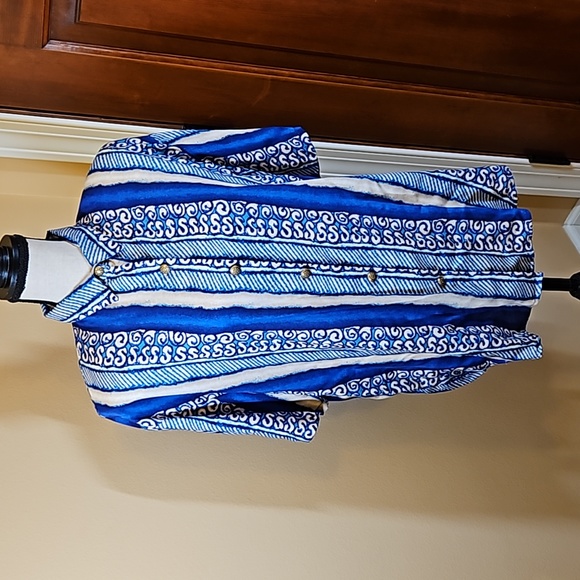 VINTAGE KATHY LEE BLOUSE PLUS 16W BLUE AQUA GOLD BUTTONS SHOULDER PADS TOP - Picture 1 of 8